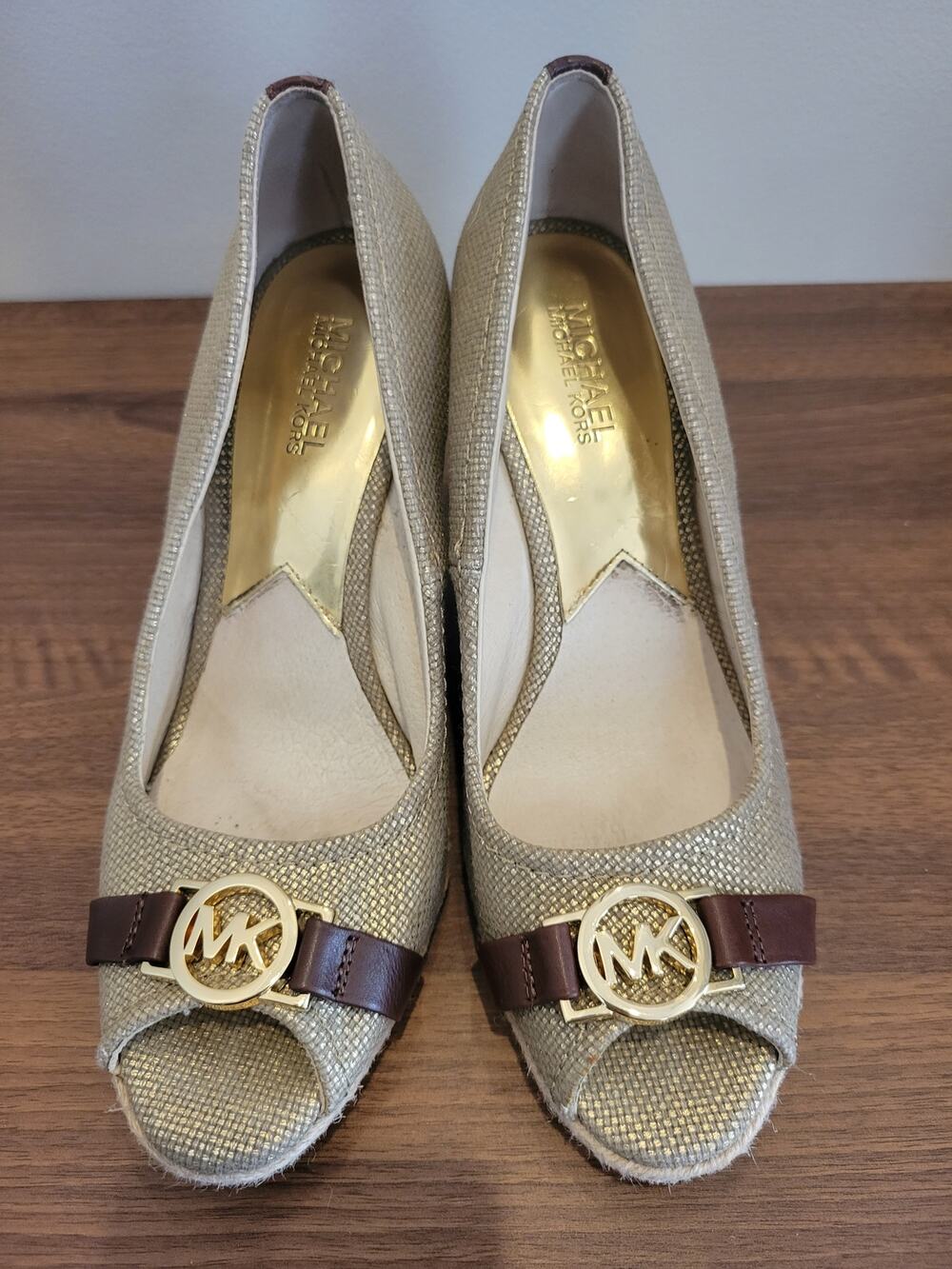 Michael Kors Gold Espadrille Wedges – MK Logo – Women’s Size 9